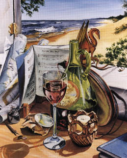  работа Lucy A. Synk (© 1992). Inspired by Anne McCaffrey's book The White Dragon, Lucy's still life captures a moment as it might have looked from Master Robinton's window.  What reader of the Pern books hasn't daydreamed of a sunny afternoon with a glass of good Benden wine and a fire lizard as a companion?